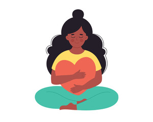 Black woman hugging heart. Self love, positive emotion, mental health, freedom, happiness, mental wellbeing. Hand drawn vector illustration