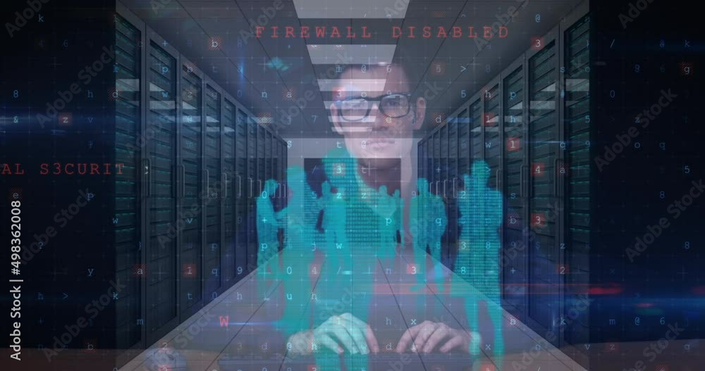 Poster animation of cyber attack warning and data processing over male hacker and computer servers