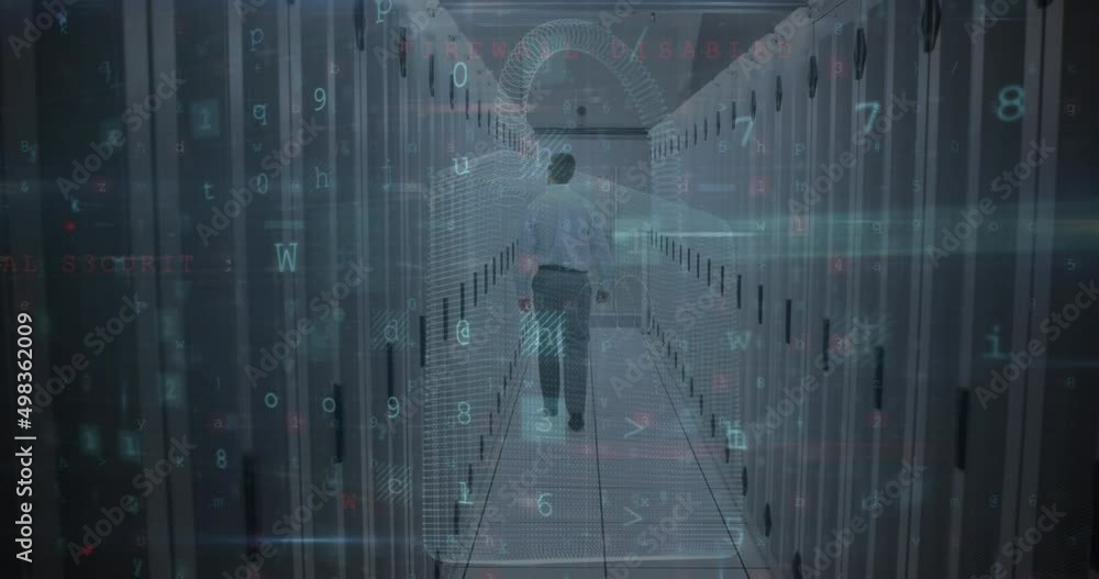 Poster animation of cyber attack warning and padlock over caucasian man in server room