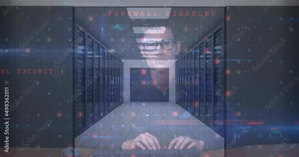 Poster animation of cyber attack warning text and numbers processing over male hacker and computer servers