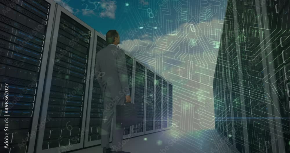 Poster animation of cyber attack warning and padlock over biracial man in server room