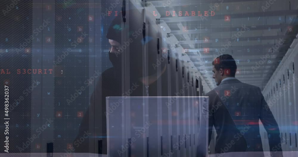 Poster animation of cyber attack warning over hacker and caucasian man in server room