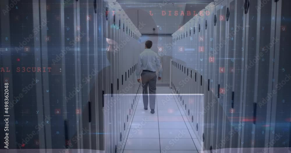 Poster animation of cyber attack warning over hacker and caucasian man in server room