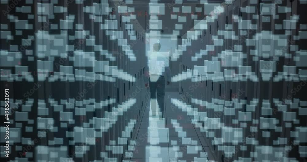 Poster animation of computer files, padlock motherboard, man walking in server room and data processing