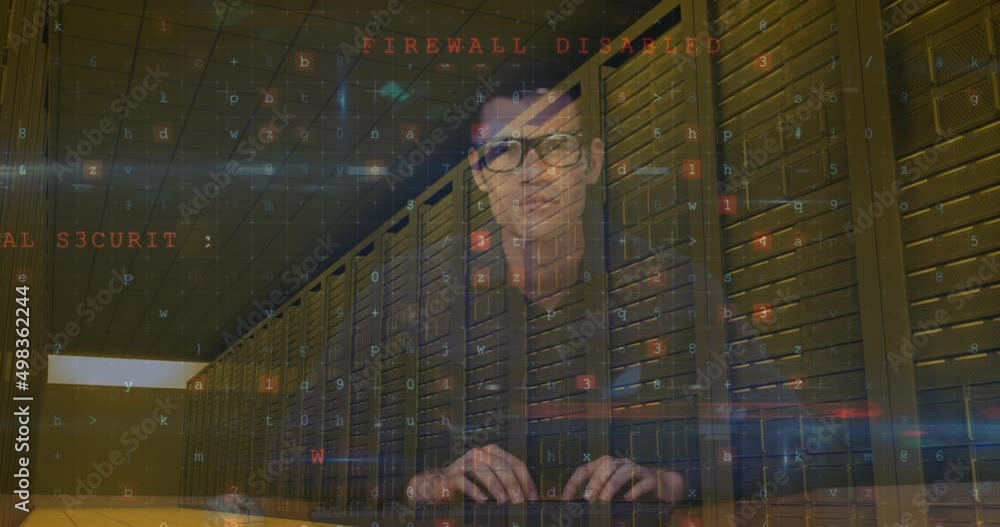 Poster animation of cyber attack warning and data processing over male hacker and computer servers