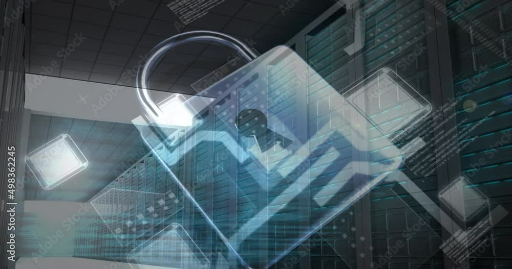 Poster animation of data processing and padlock over server room