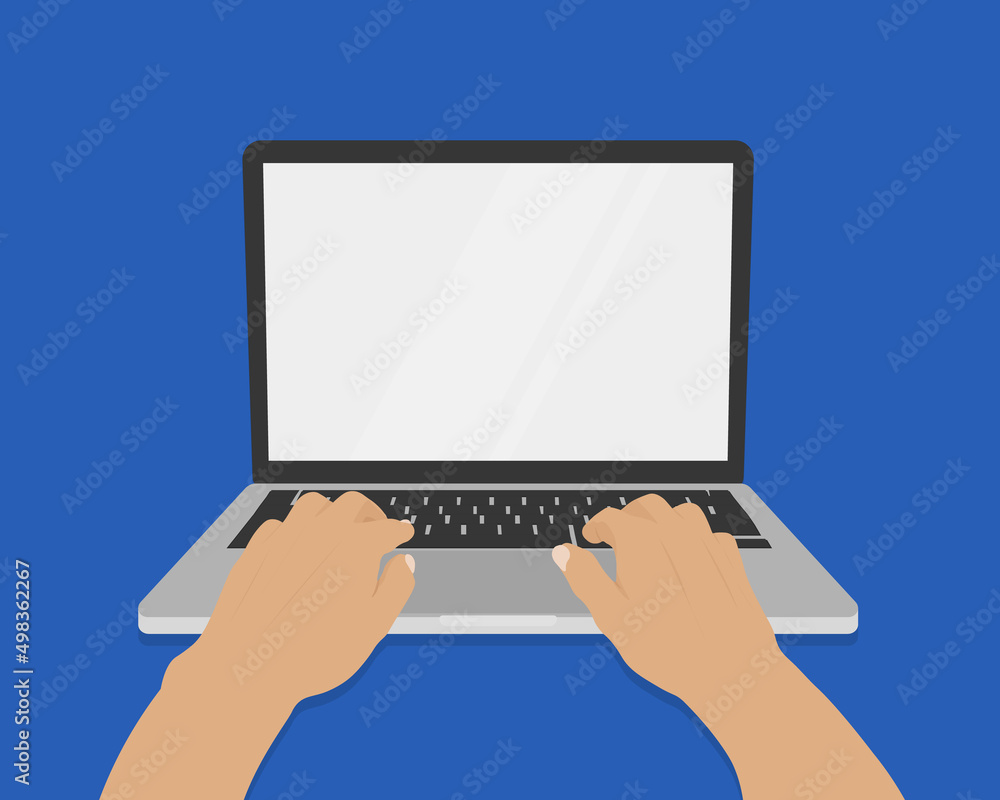 Poster hands on laptop keyboard with blank screen monitor. vector illustration.