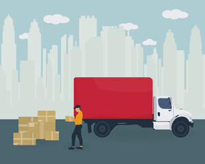 Man courier standing near delivery car and holding carton box parcel package. Fast delivery company business concept. Vector illustration.