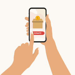 Hand holding smartphone for online donation in flat design. Time for charity concept. Money donation campaign. Vector illustration