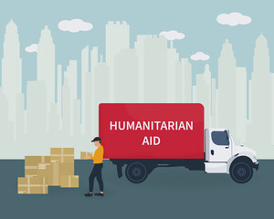 Volunteer Distribute Boxes with Humanitarian Aid. Giving help boxes to refuges and humanitarian aid van. Humanitarian aid, material assistance, governmental help concept. Vector illustration.