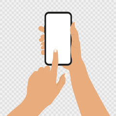 Hand holding smartphone and touching screen. Vector illustration.