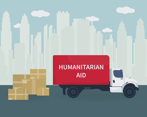 Humanitarian Aid. Caring Altruistic Unloading Humanitarian Aid Containers for Refugee People in Complicated Life Situation. Cartoon Vector Illustration. Vector illustration
