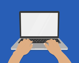 Hands on laptop keyboard with blank screen monitor. Vector illustration.