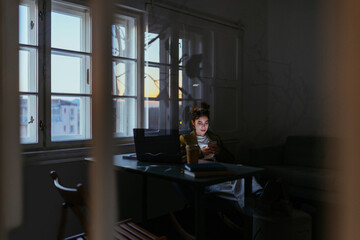 Fototapeta premium Woman working at modern office and using phone