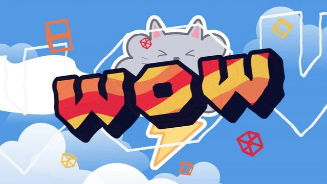 Animation of wow text over shapes and sky with clouds