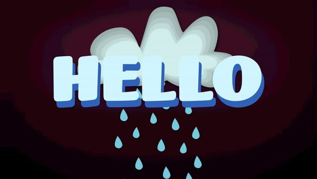 Animation of hello text over cloud with rain on purple background
