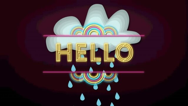 Animation of hello text over cloud with rain on purple background