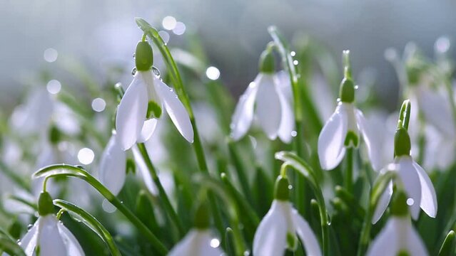 White snowdrops flower in sunny garden .