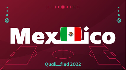 mexico flag and text on 2022 football tournament background. Vector illustration Football Pattern for banner, card, website. national flag mexico Qatar cup. world 2022 - obrazy, fototapety, plakaty
