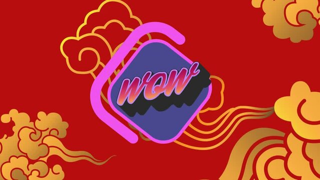 Animation of wow text over shapes on red background
