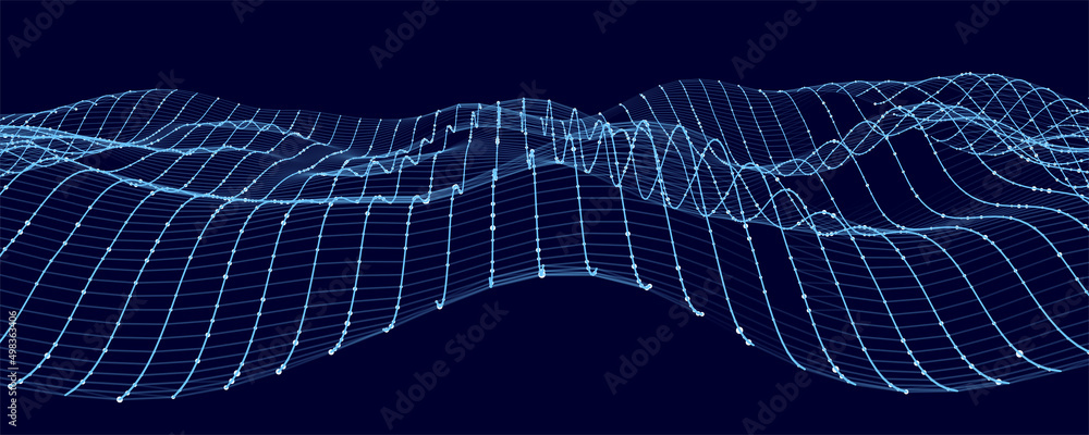 Poster digital dynamic cyber wave. abstract futuristic background with dots and lines. big data visualizati