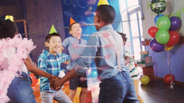 Animation of dna strand over diverse children dancing at birthday party