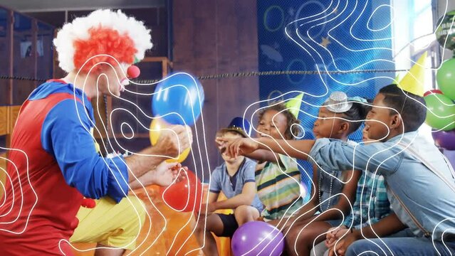 Animation of white lines over diverse children and clown at birthday party