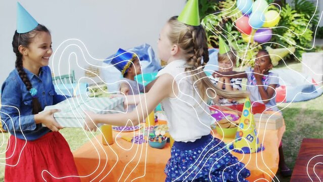 Animation of white lines over diverse children with presents at birthday party
