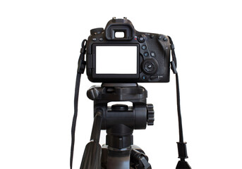 Dslr camera with white screen on the tripod isolated on white background. White screen camera - Powered by Adobe