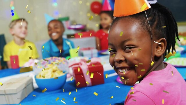 Animation of confetti falling over diverse children with party hats at birthday party