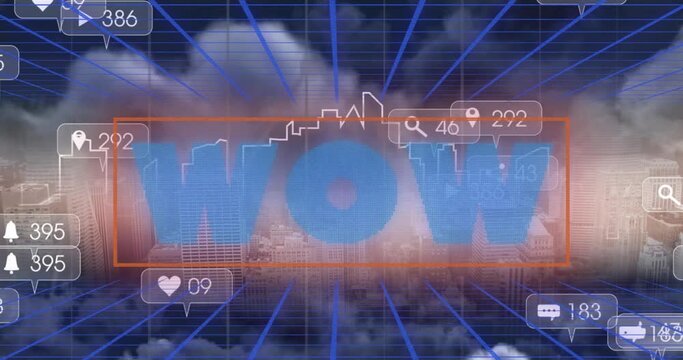 Animation of wow text and numbers growing over cityscape - Powered by Adobe