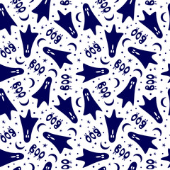 Funny cartoon ghost seamless pattern. Vector illustration for halloween.