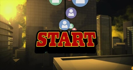 Animation of start text and social media icons over cityscape - Powered by Adobe