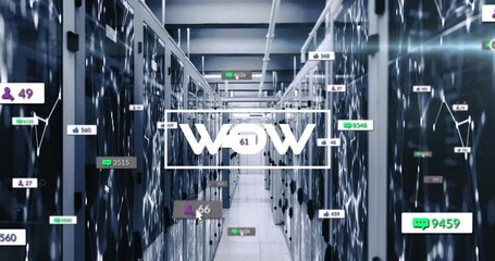Animation of wow text and numbers growing over server room - Powered by Adobe