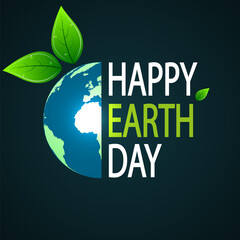 Earth day happy half earth with leaves, vector art illustration.