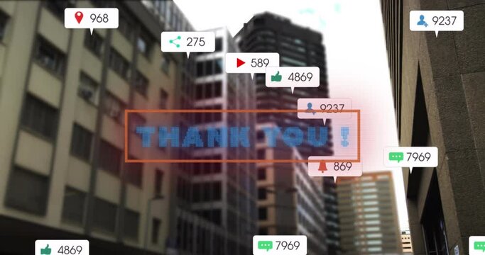 Animation of thank you text and numbers growing over cityscape