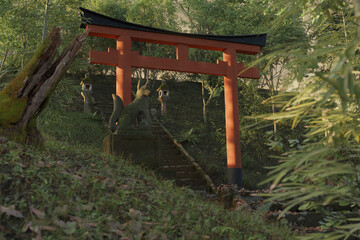 3d rendering of an old japanese shrine with red torii gate and stone lantern - obrazy, fototapety, plakaty