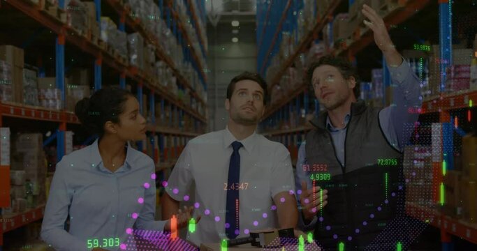 Animation of financial data processing over diverse business people in warehouse