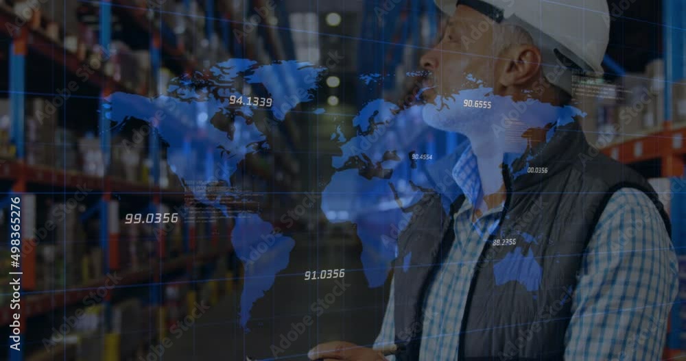 Poster animation of financial data processing and world map over biracial worker in warehouse
