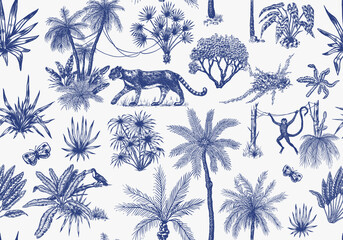 Toile De Jouy banner. Wild tiger and exotic plants. Seamless pattern. Toucan bird and monkey. Exotic Tropical trees. Eastern landscape. Linear Jungle. Hand drawn sketch in vintage style. - obrazy, fototapety, plakaty
