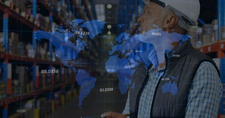 Animation of financial data processing and world map over biracial worker in warehouse