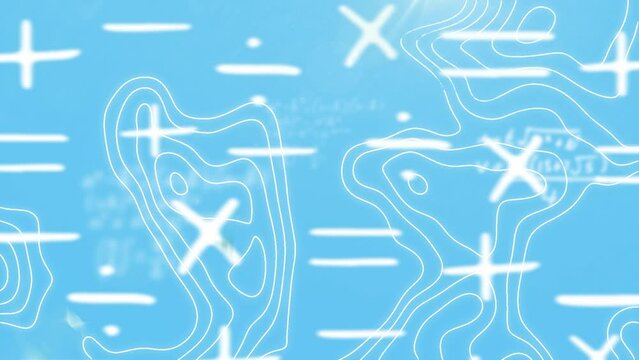 Animation of mathematical equations and moving shapes on blue background