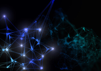 Plexus lines, dots and light beams with light points. Abstract technology, science and engineering background. Depth of field settings. 3D rendering
