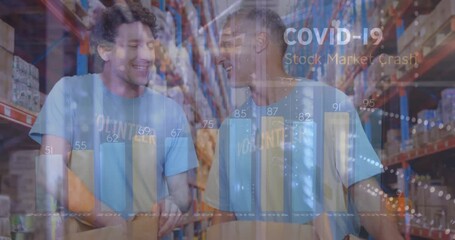 Animation of financial data processing over diverse volunteers in warehouse - Powered by Adobe