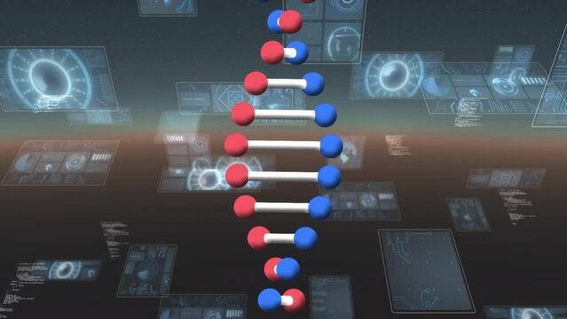 Animation of spinning dna data processing on moving screens