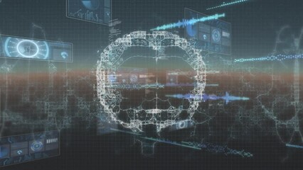 Animation of brain over data processing on moving screens