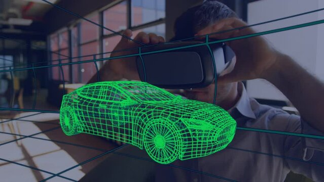Animation of digital 3d drawing of car over man using vr headset