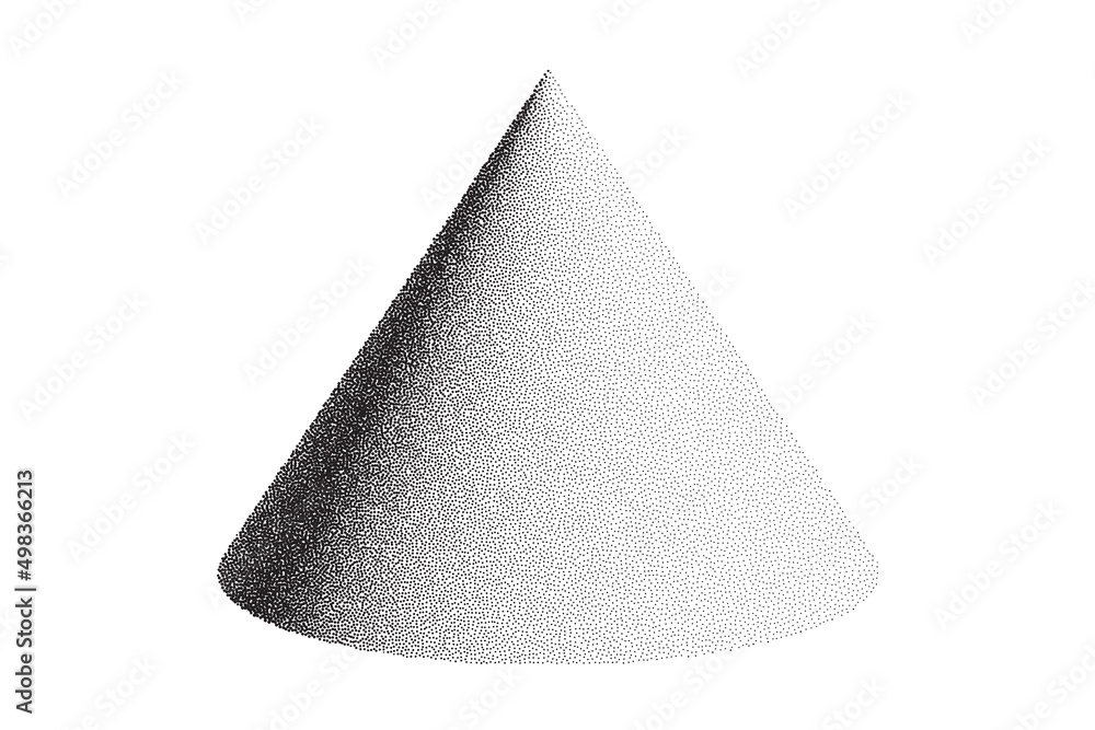 Poster dotwork 3d cone background. sand grain effect shape. black noise stipple dots. abstract noise dotwor