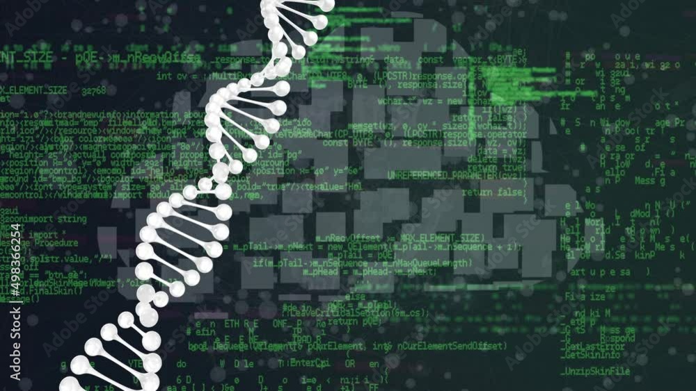 Poster animation of spinning dna strand over data processing