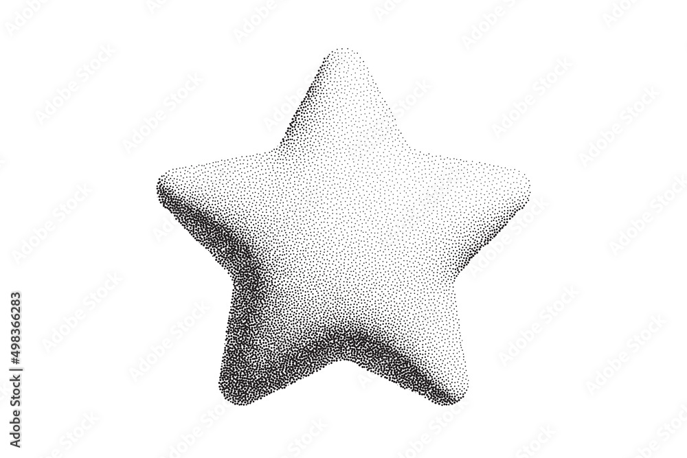Poster dotwork 3d star background. sand grain effect. black noise stipple dots star. abstract noise dotwork